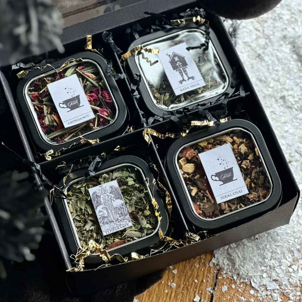 Open black box containing four containers of different types of tea with visible labels.